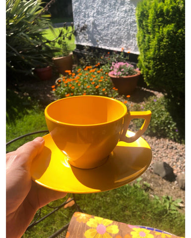 Yellow Melamine Picnic set for two people or teddy bears.Outdoor cups ,saucers and plates.