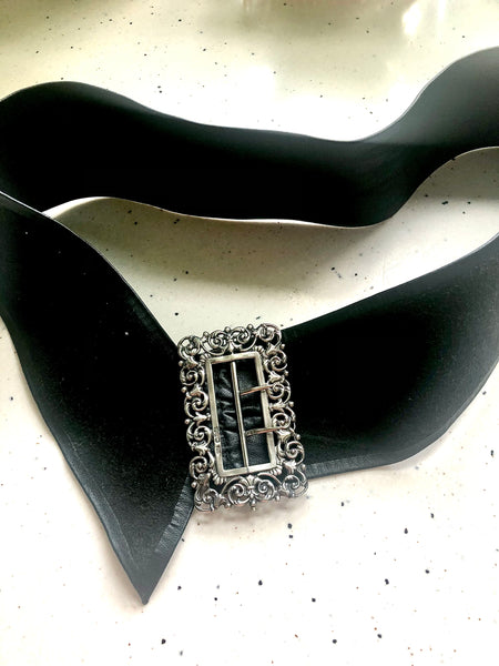 Beautiful late Victorian /Edwardian sterling silver buckle and fine black leather belt, hall marked circa 1894. A very unique & rare piece.