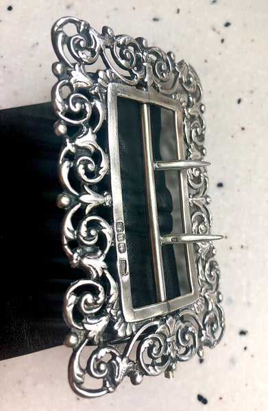 Beautiful late Victorian /Edwardian sterling silver buckle and fine black leather belt, hall marked circa 1894. A very unique & rare piece.