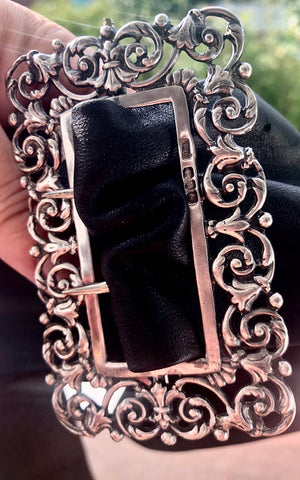 Beautiful late Victorian /Edwardian sterling silver buckle and fine black leather belt, hall marked circa 1894. A very unique & rare piece.