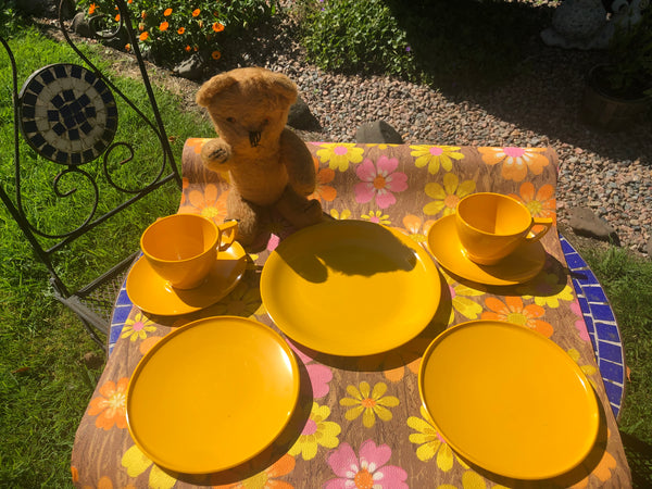 Yellow Melamine Picnic set for two people or teddy bears.Outdoor cups ,saucers and plates.