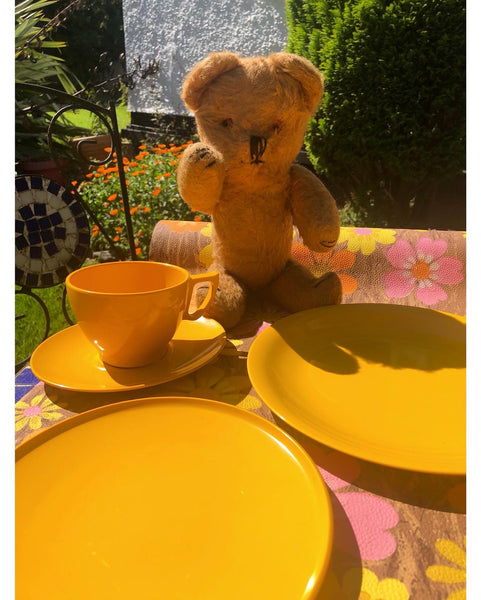 Yellow Melamine Picnic set for two people or teddy bears.Outdoor cups ,saucers and plates.